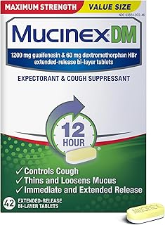 Mucinex DM 12Hr Maximum Strength Chest Congestion & Cough Medicine For Adults, Cold And Cough Medicine for Excess Mucus Relief, 1200 mg Guaifenesin & 60 mg Dextromethorphan HBr, 42 Bi-Layer Tablets