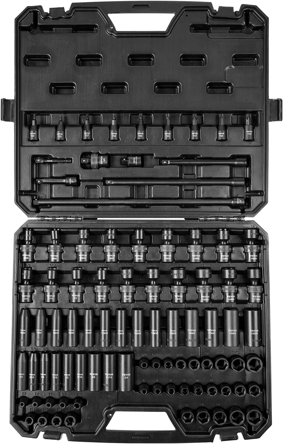 VEVOR Impact Socket Set 3/8" Drive, 90 PCS, CR-MO, SAE 1/4"-3/4" Metric 6-19mm, with Shallow & Deep Sockets, Swivel & E-Torx & Bit socket Sockets, Extension Bars, Adapters, Universal Joint