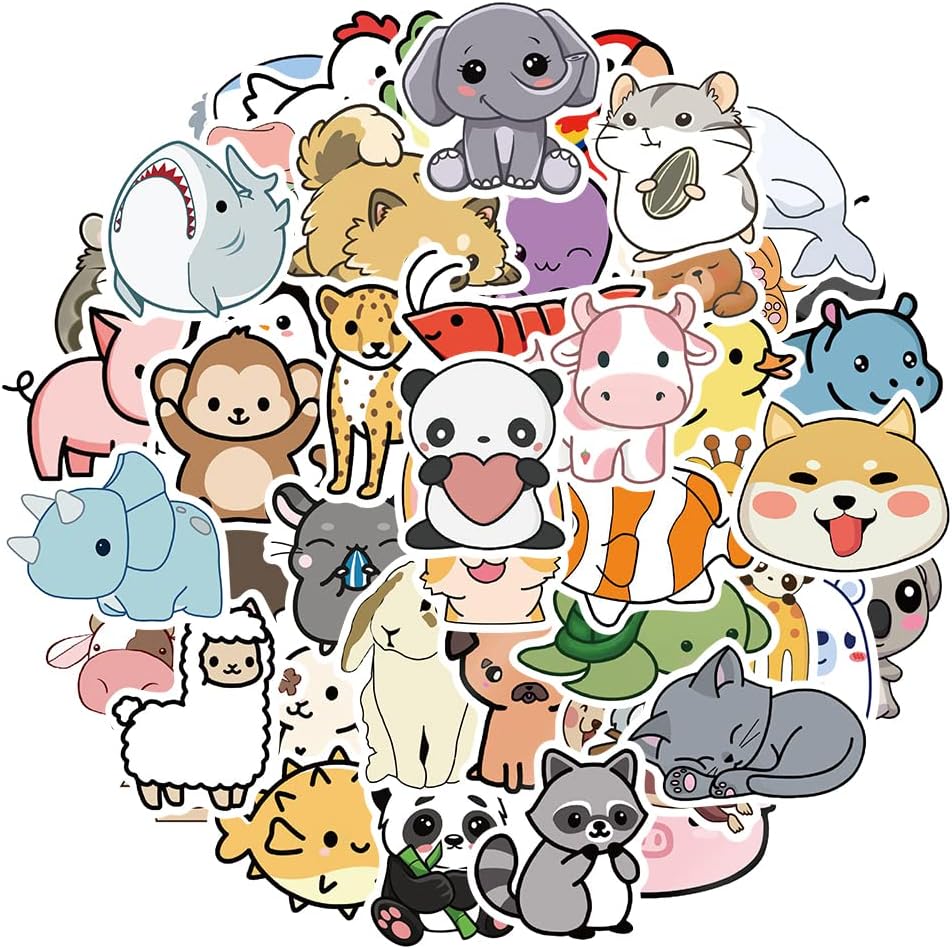 Dishaur 50PCS Cute Animal Water Bottle Stickers for Kids, Vinyl Waterproof Hydroflask Skateboard Phone Laptop Stickers