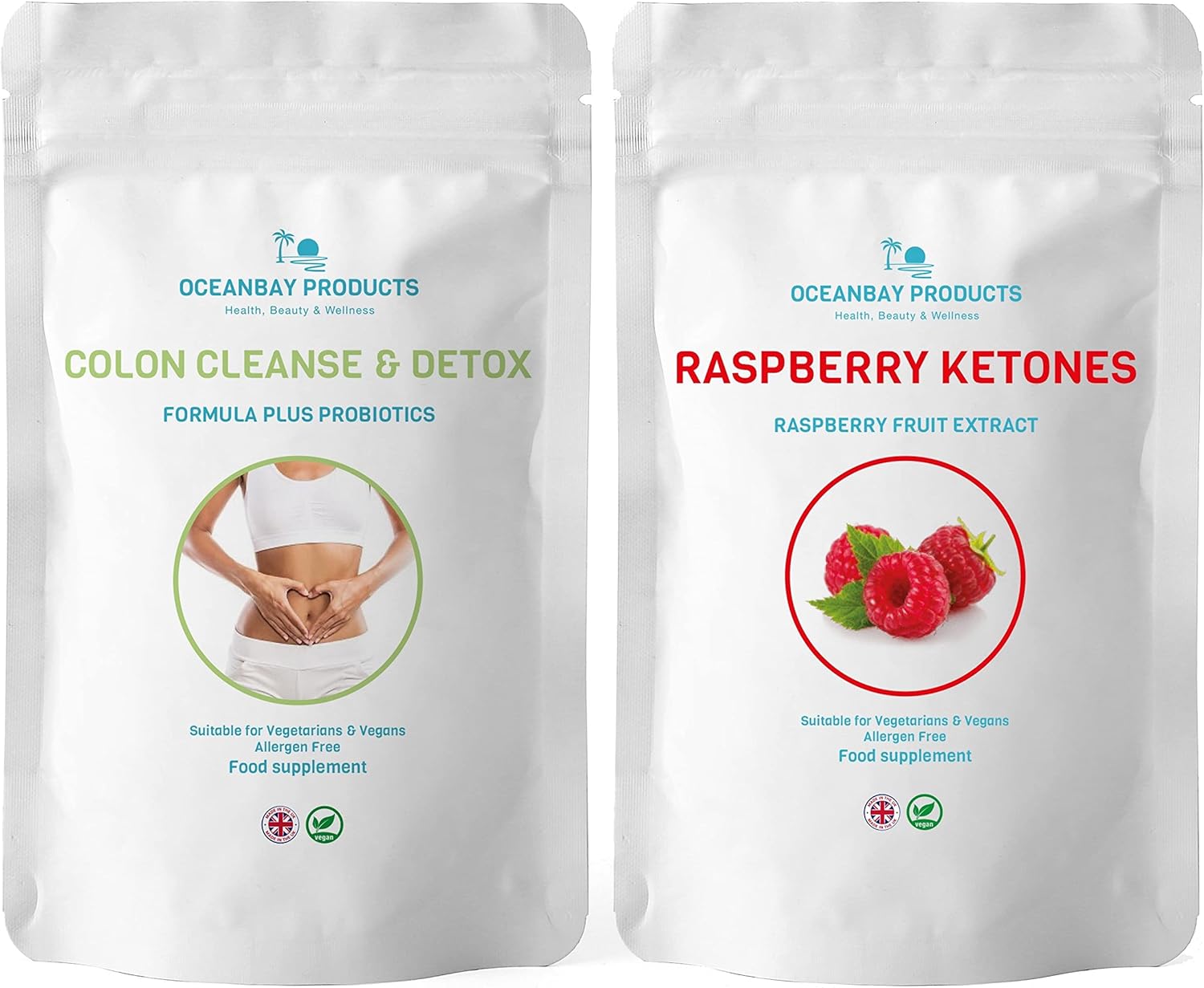 Raspberry Ketones Pure 2000mg (per 2 Tablets) Weight Management Slimming Max Strength & Colon Cleanse & Detox Formula Plus Probiotics Supports Relief from Bloating & Constipation Duo Pack Vegan