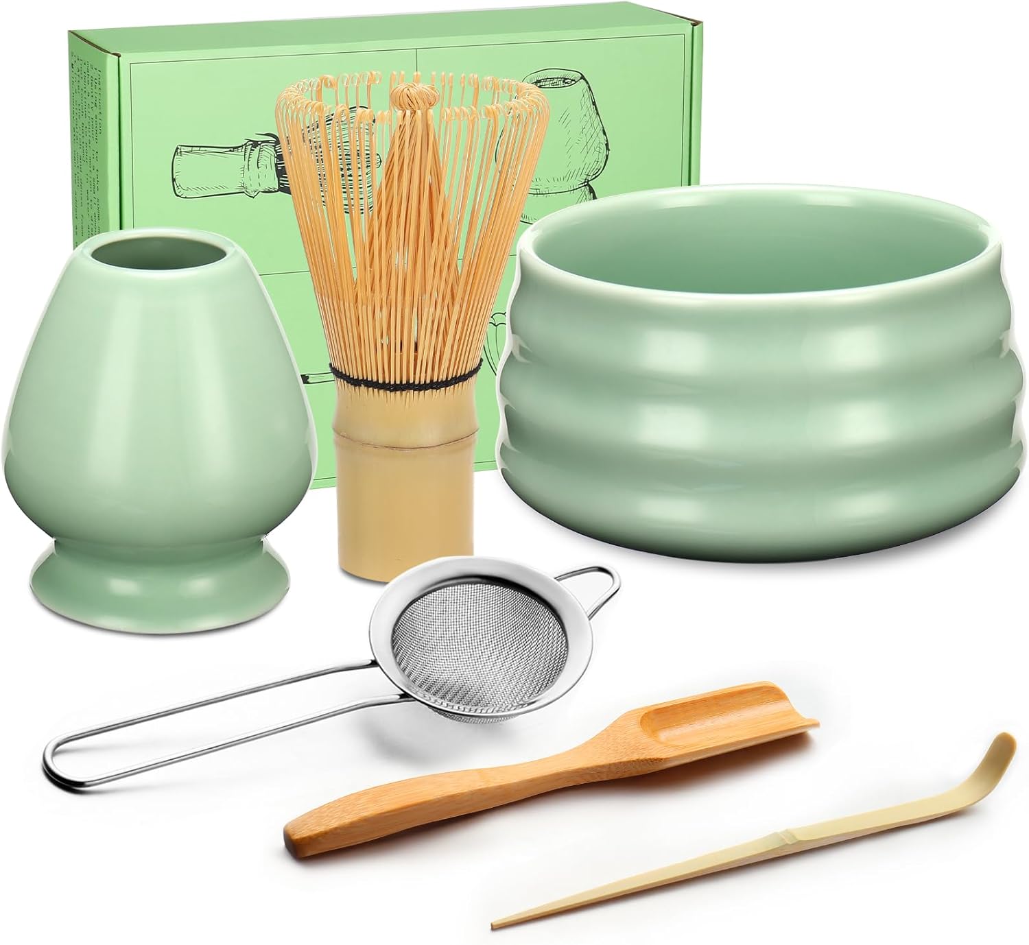 Geebuzz Matcha Whisk Set - Matcha Bowl and Bamboo Matcha Whisk, Scoop, Spoon, Sifter, Whisk Holder, 6pcs Perfect Matcha Starter Kit for Matcha Tea Ceremony (Green)