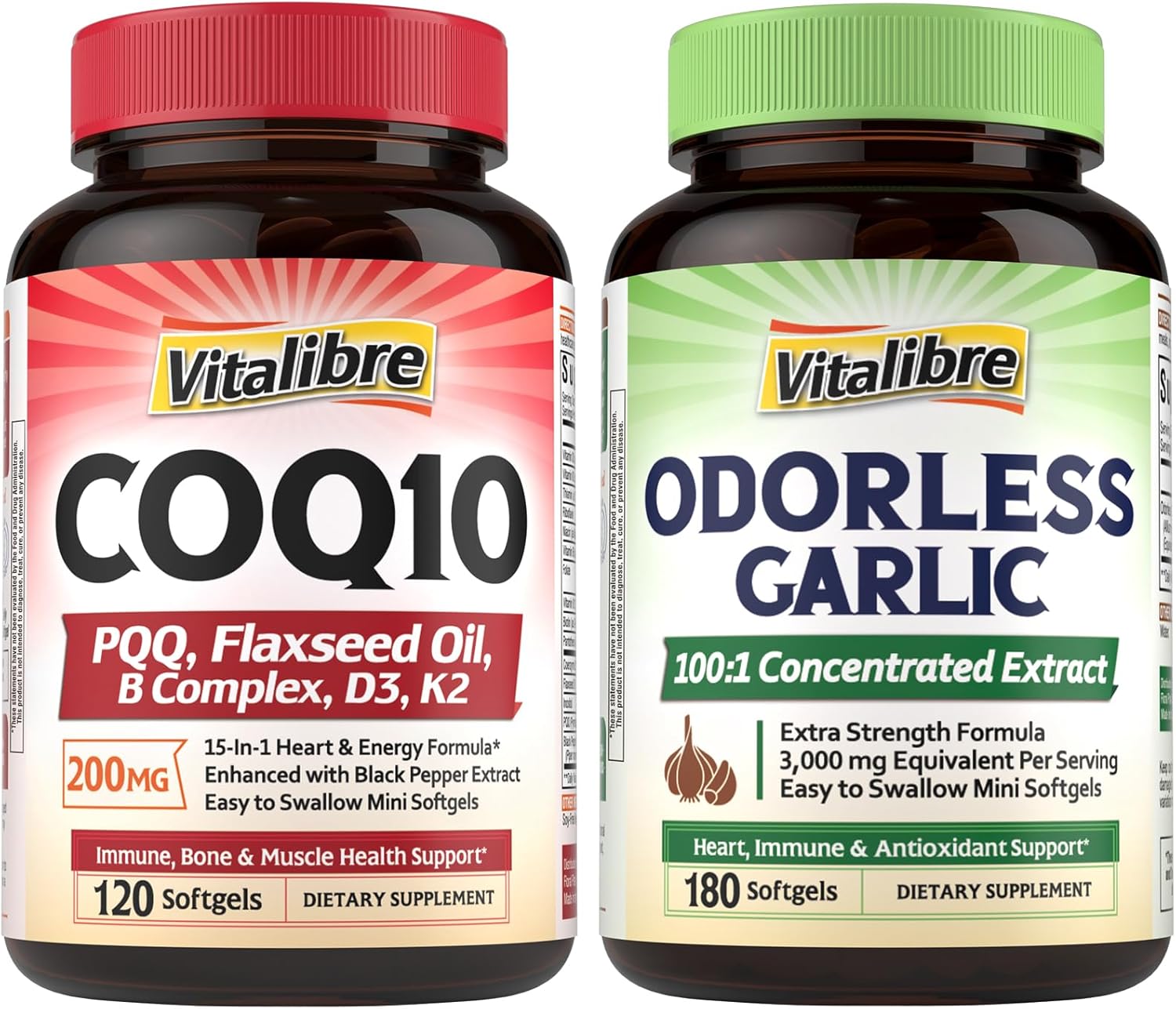 CoQ10 200mg, Ubiquinone with PQQ, Folate, Niacin, K2, D3, Black Pepper, Powerful Antioxidant, Energy Booster, and Odorless Garlic 180 Softgels, Extra Strength 100:1 Extract, Heart & Immunity