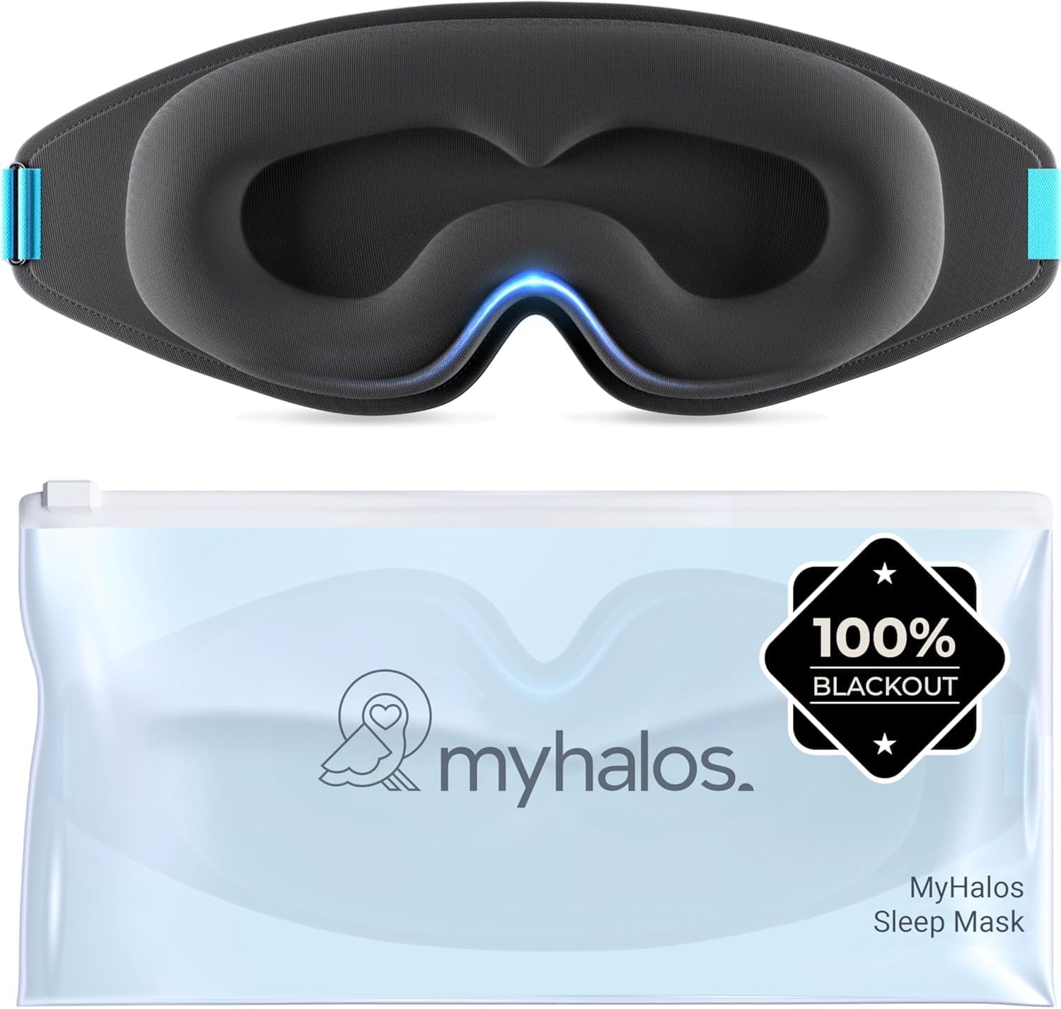 MyHalos® 100% Blackout Sleep Masks for Women & Men - Zero Eye Pressure Eye Mask for Sleeping -Our Halo Sleep Mask Includes a Storage Pouch- Black Eye Mask for Travel or Blindfold