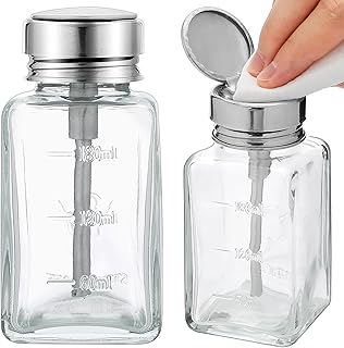 Lallisa 2 Pcs 6 Oz/ 180 ml Clear Pump Dispenser Bottle with Metal Flip Cover Glass Nail Polish Remover Push Down Dispenser Bottle Refillable Push Down Pump Dispenser Press Container for Makeup Remover