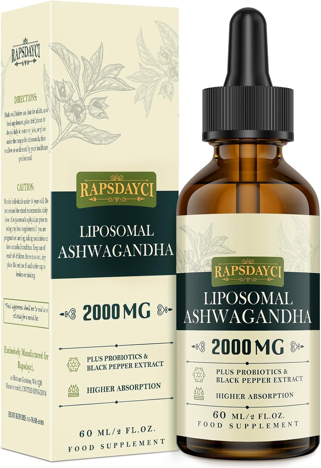 2000mg Liposomal Ashwagandha Liquid Drops, Pure High Strength Ashwagandha Root Extract with 7% Withanolides, 5X Concentration, Absorbed Faster Than Capsules, 60ml (Pack of 1)