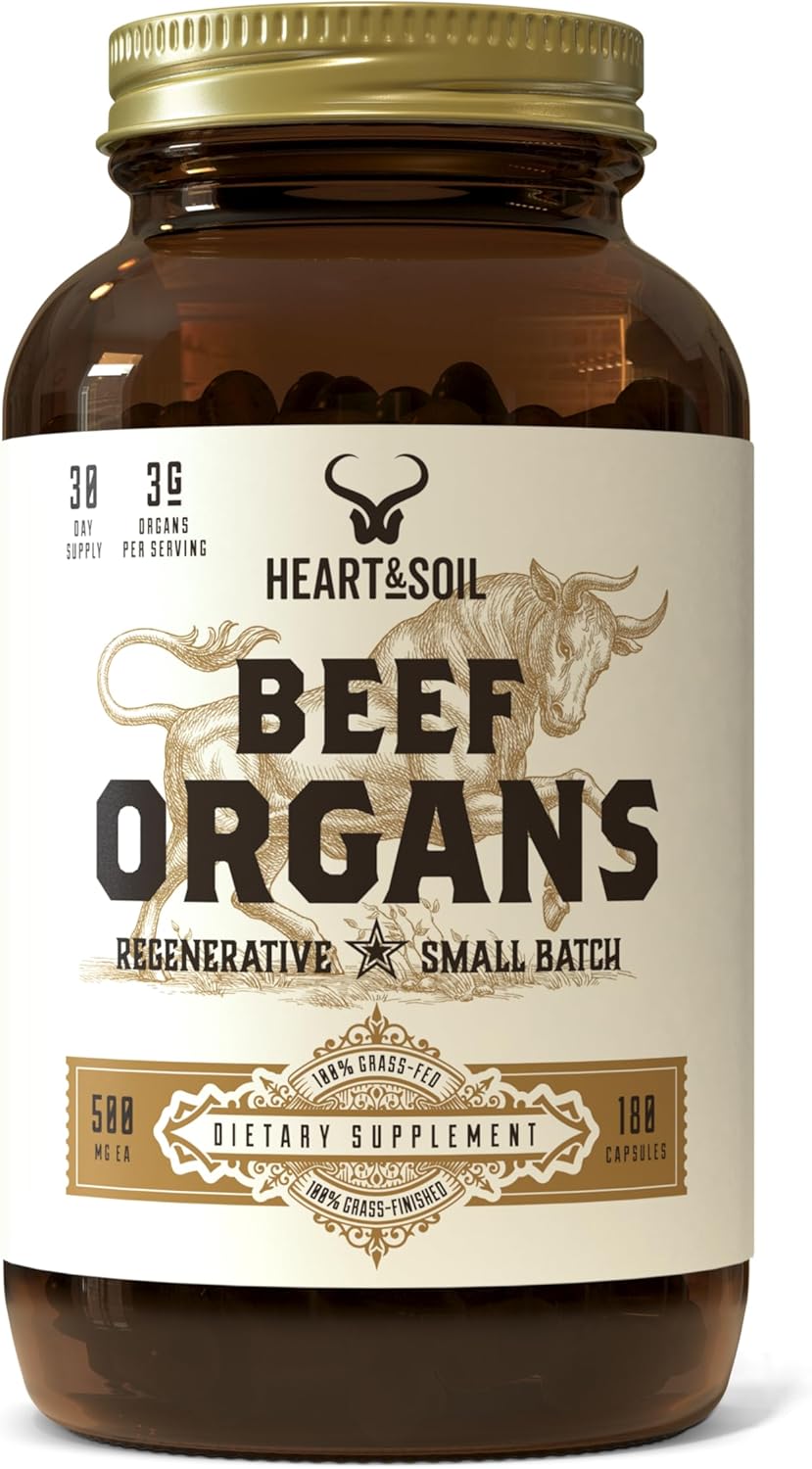 HEART & SOIL – 3000mg Grass-Fed Beef Organ Supplement for Women & Men with Liver, Heart, Kidney, Pancreas & Spleen for Full-Body Nutrition & Energy – Non-GMO, Allergen-Free – 180 Capsules