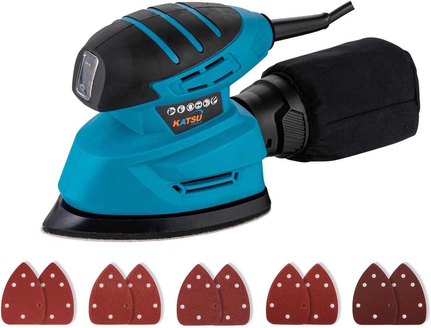 KATSU Tools Electric Detail Sander 130W – Mouse Palm Sander for Wood, Furniture & DIY Sanding with Dust Collection and 10 Sanding Pads (Budget), Model 100182