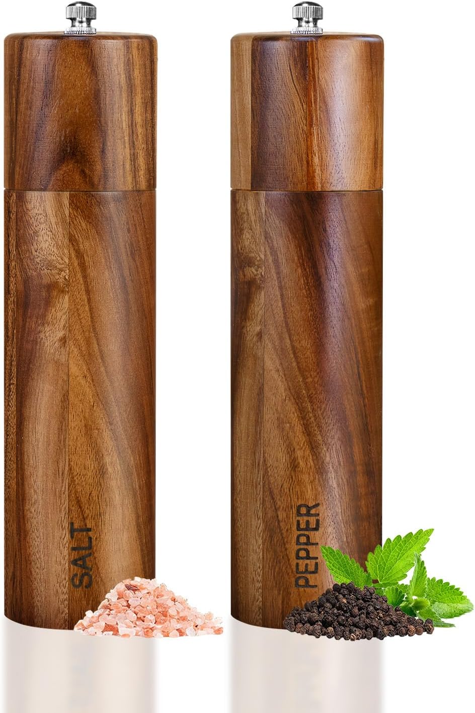 XWXO 2 Pack Acacia Wooden Salt and Pepper Grinder Set 8 Inches Refillable Salt and Pepper Mills Adjustable Coarseness, Acacia Wood with Ceramic Core Peppercorn Shaker Tableware Birthday Gifts