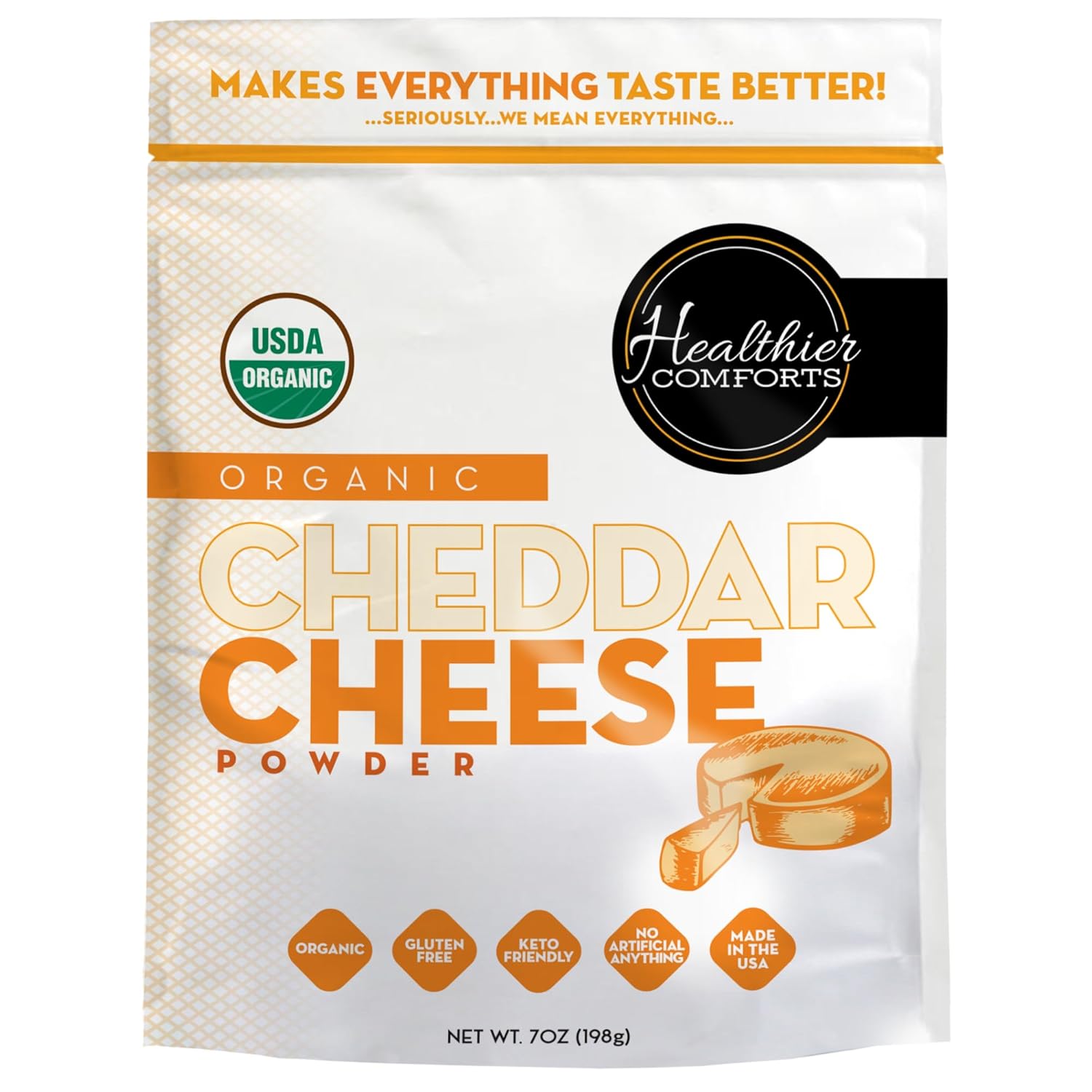 Healthier Comforts Organic Cheddar Cheese Powder | Gluten Free, Keto-Friendly, Non-GMO, Antibiotic & Hormone Free | Perfect for Popcorn Seasoning, Mac and Cheese, Pasta & Sauces (7 oz)