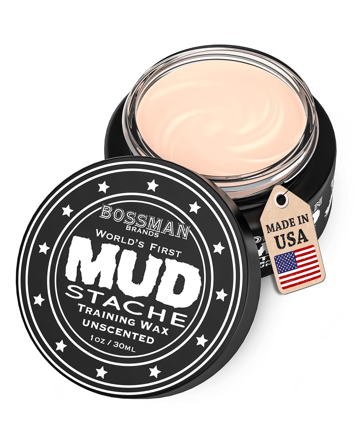 Bossman MUDstache Unscented Mustache Wax for Men (1 oz) – Strong 24-Hour Hold, Non-Tacky & Easy to Apply for Taming & Styling