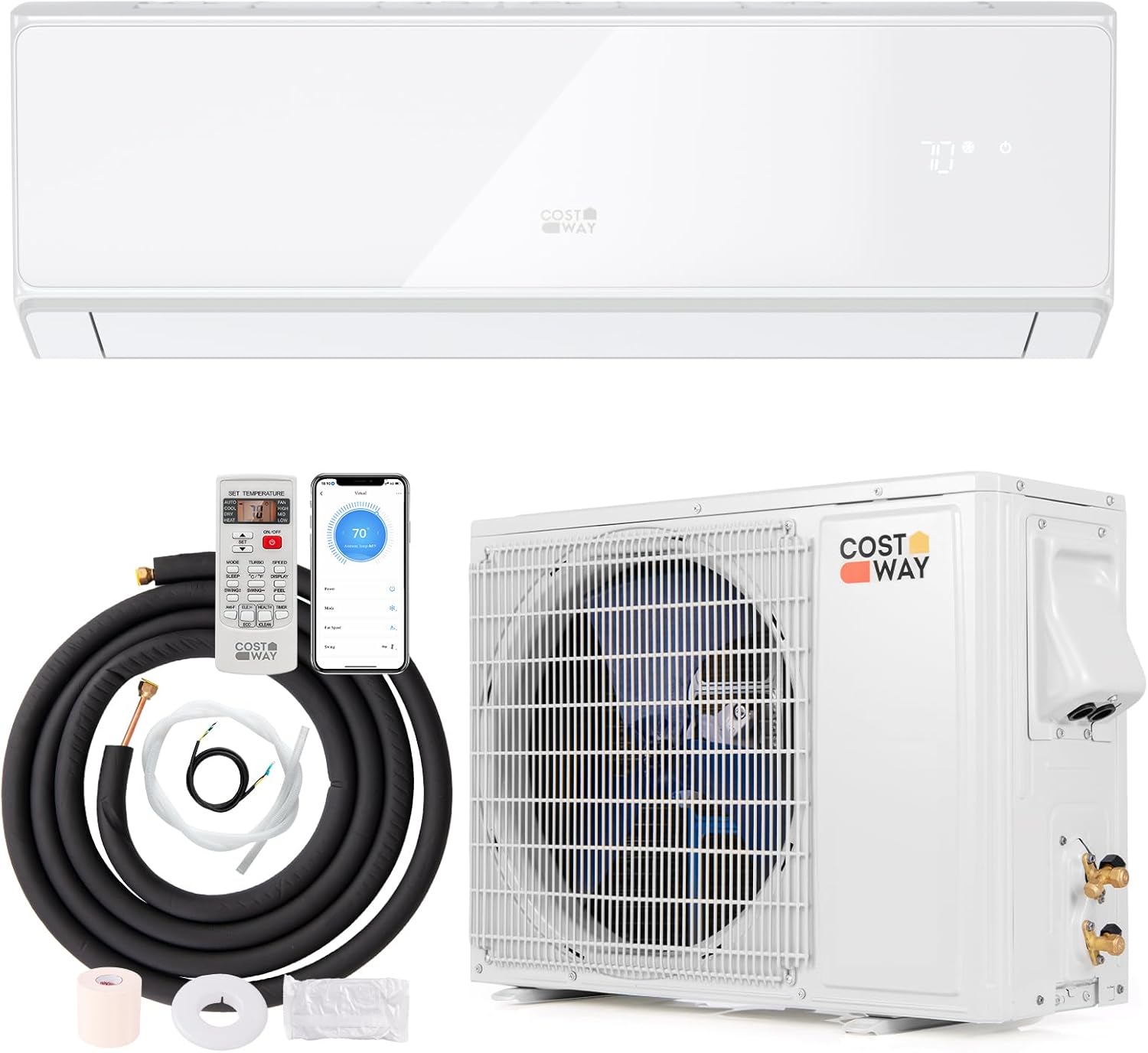 COSTWAY 12000 BTU Wifi Enabled Mini Split Air Conditioner & Heater, 22 SEER2 208-230V Inverter AC Unit Cools up to 750 Sq. Ft, Energy Efficient, Heat Pump (White, 12000BTU, 208-230V, 22 SEER2-WIFI)