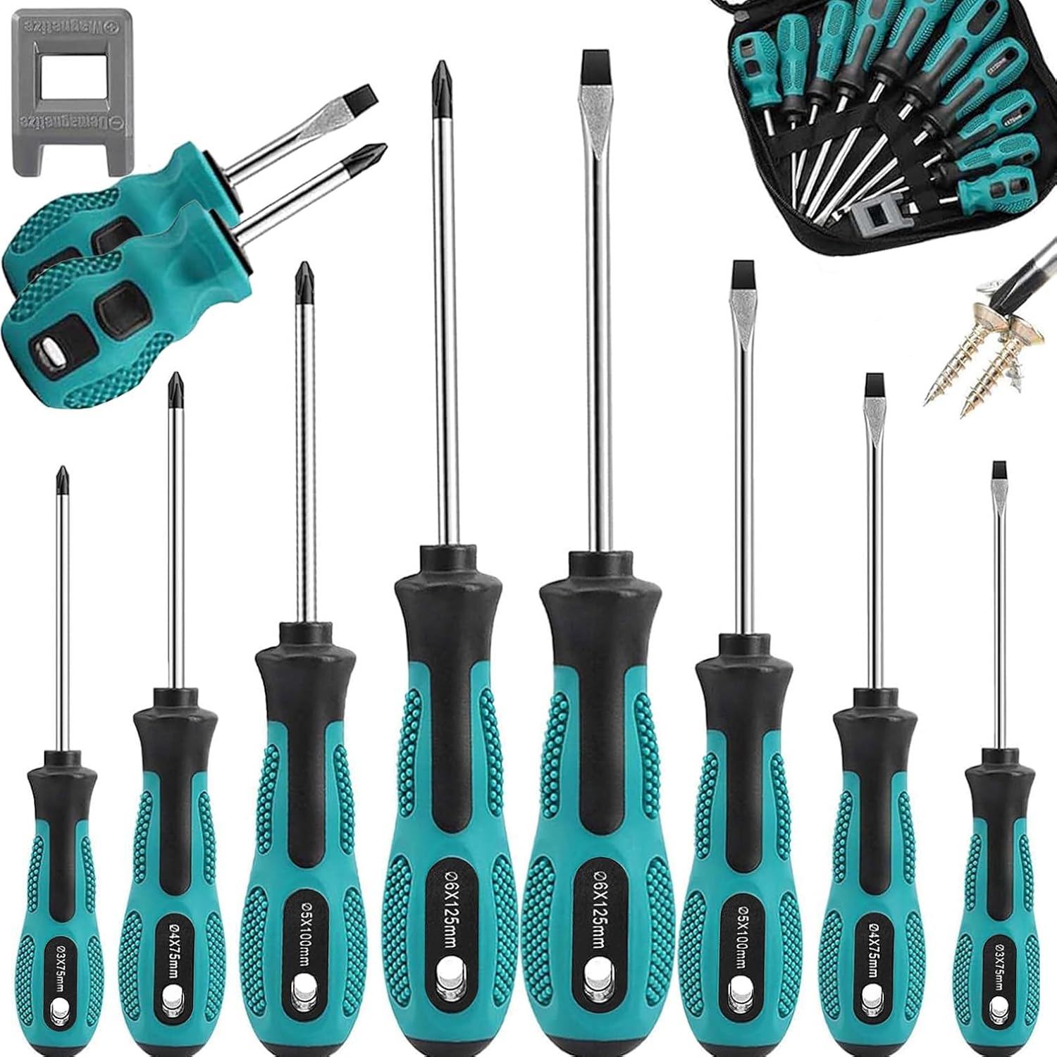 YUFANYA 10pcs Screwdriver Set,Heavy Duty Chrome Vanadium Steel Made,Magnetic Screwdriver with 5 Cross& 5 Flat Head,Muti Purpose Screwdriver Kit in Carry Bag Package