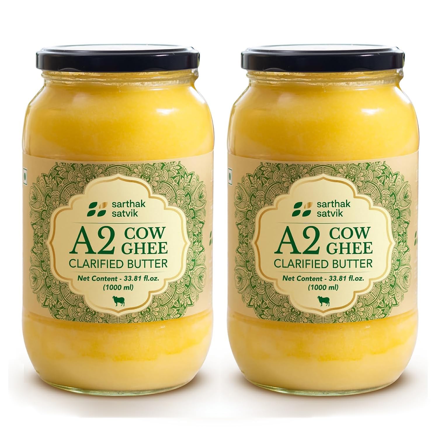 Sarthak Satvik Bilona Made A2 Cow’s Ghee l Free Grazing, Grass Fed, Pasture Raised Indigenous Breed Cows - (33 Oz (1 ltr) - Combo Pack of 2)