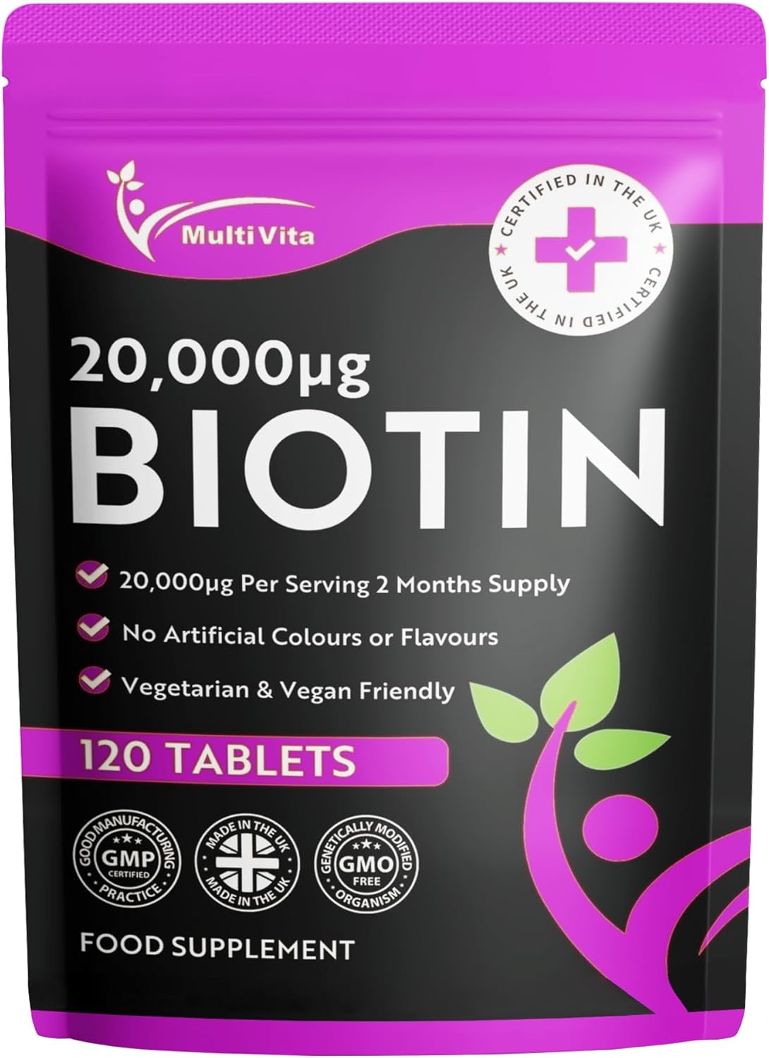 Biotin 20000 mcg Per Serving – 120 Vegan Tablets 2 Per Day not Capsules or Gummies – High Strength Biotin Supplement for Healthy Hair Growth, Skin & Nails – UK Made Vitamin B7 Tablets