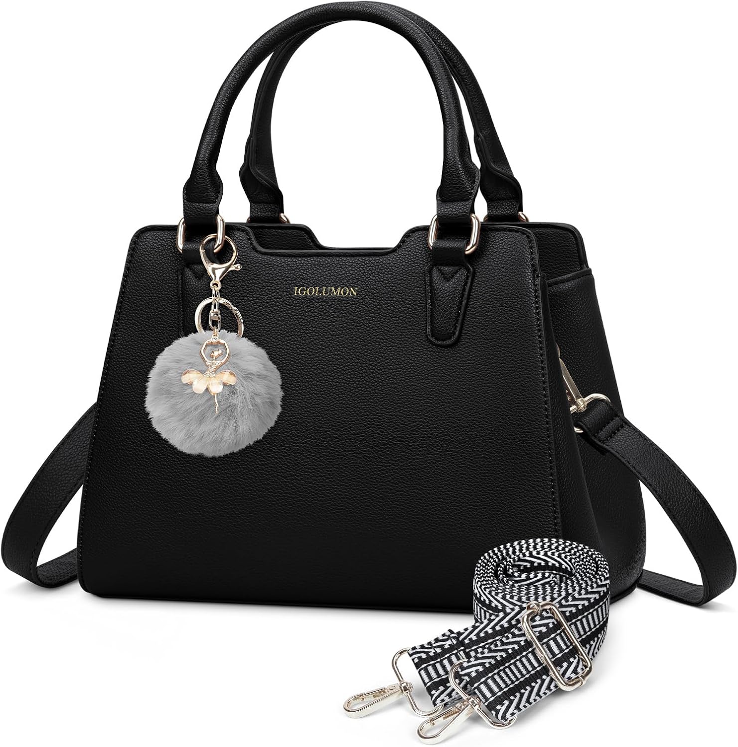 IGOLUMON Women's Top-Handle Handbags PU Vegan Leather Satchel Purses for Women Designer Tote Purse Handbag with Cute Pompom