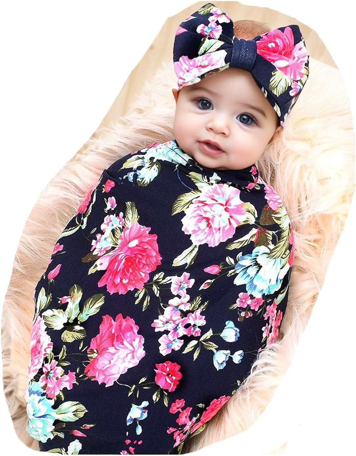 Galabloomer Receiving Blanket Headband Set Flower Print Baby Swaddle Receiving Blankets… (Navy Blue Rose)