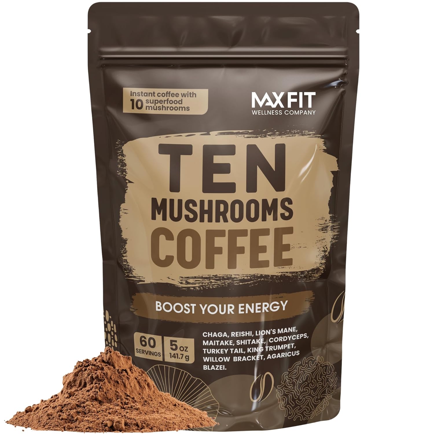 MAX FIT Coffee Powder (Pack of 60), 0.28 pounds | Immune Boosting, Focus, Gut Health Support | Arabica | Instant