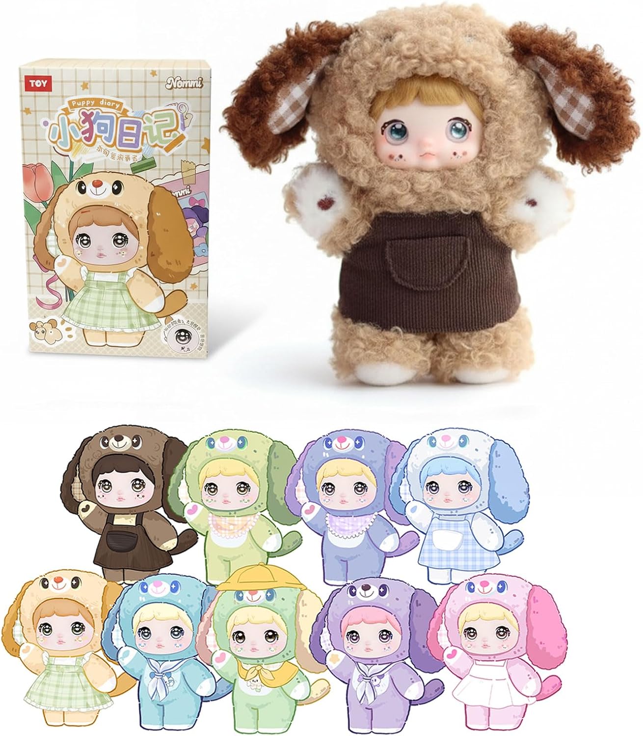 Nommi Blind Box, Cute Vinyl Face Plush Blind Box Figures,Nommi Puppy Diary Series Plush Doll, Kawaii Collectible Toys Figure Mystery Box for Gifts, Single Box (1 of 9 Possible Styles)