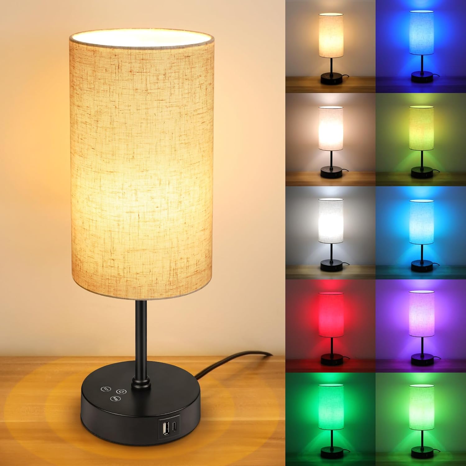 Befurglor Bedside Lamps, Dimmable 3 CCT & RGB 7 Colors Table Lamp with USB A+C Charging Ports, Touch Control Desk Lamp for Bedroom Living Room Office (Linen Fabric Shade)