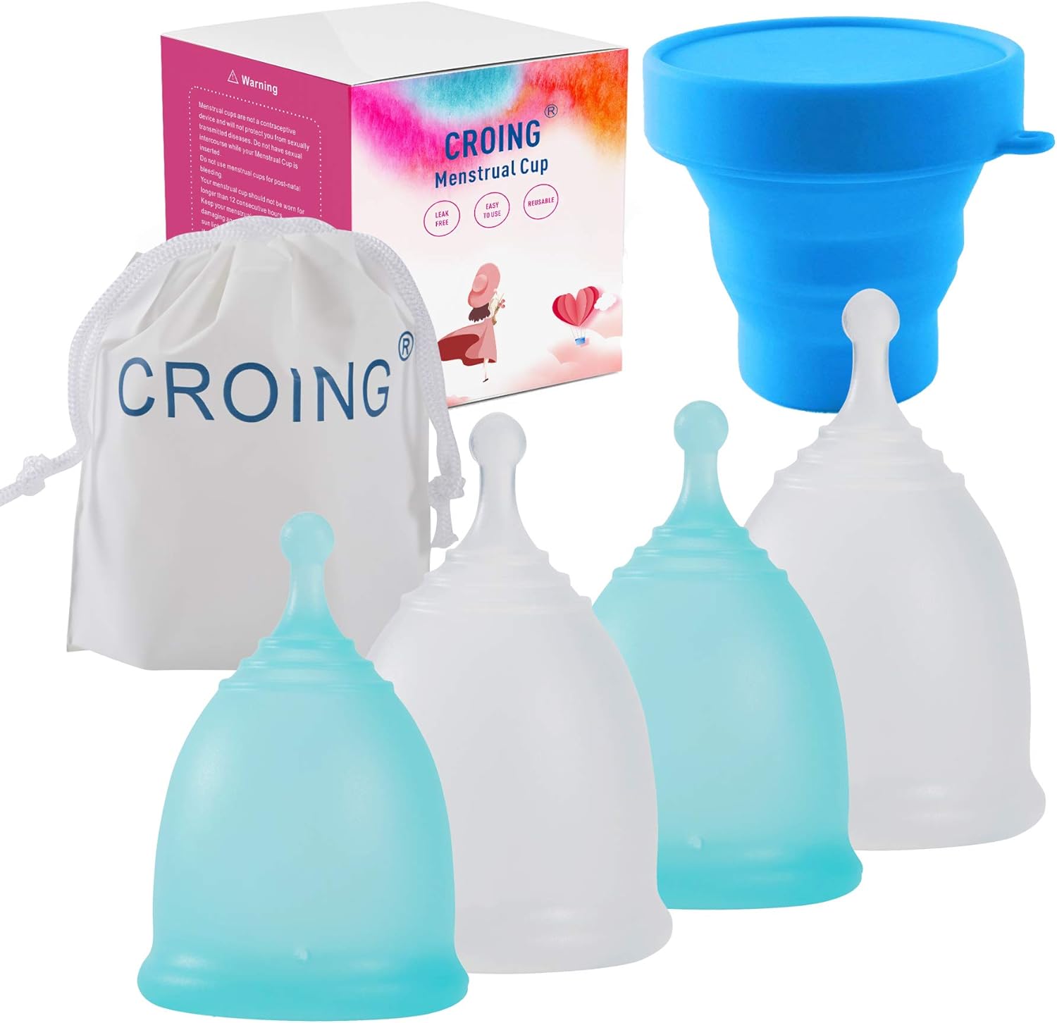 𝑴𝒆𝒏𝒔𝒕𝒓𝒖𝒂𝒍 𝑪𝒖𝒑 4pcs Menstrual Cup with 1 pc Sterilize Cup,Menstrual Cup Holder, Storing Period Cup(Blue and White)