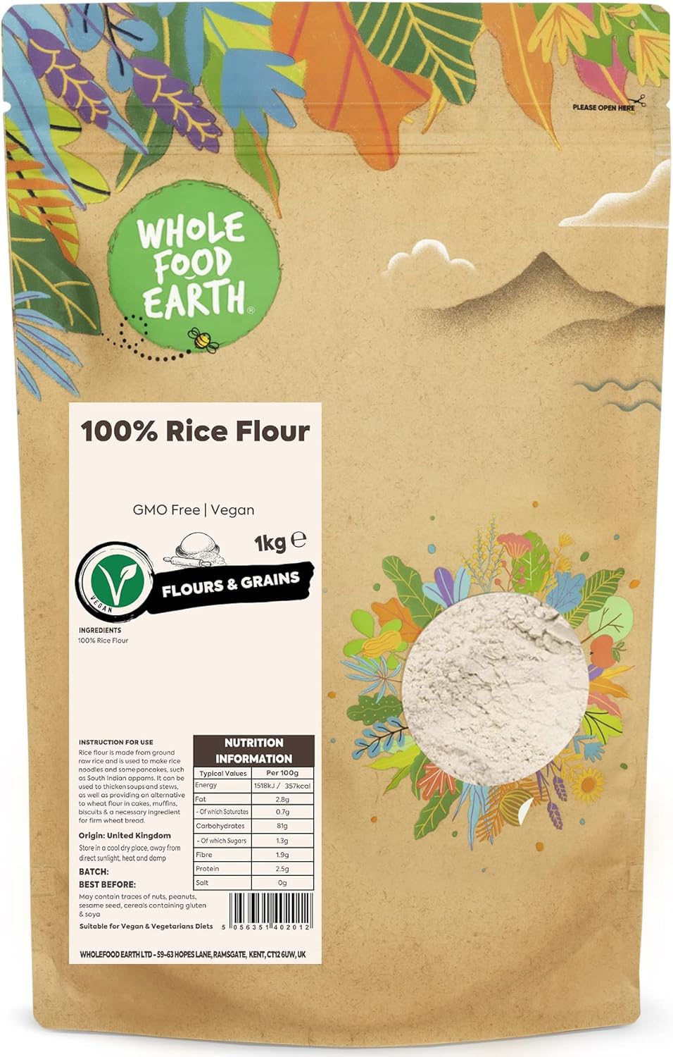 Wholefood Earth 100% Rice Flour 1 kg | GMO Free, Packaging May Vary