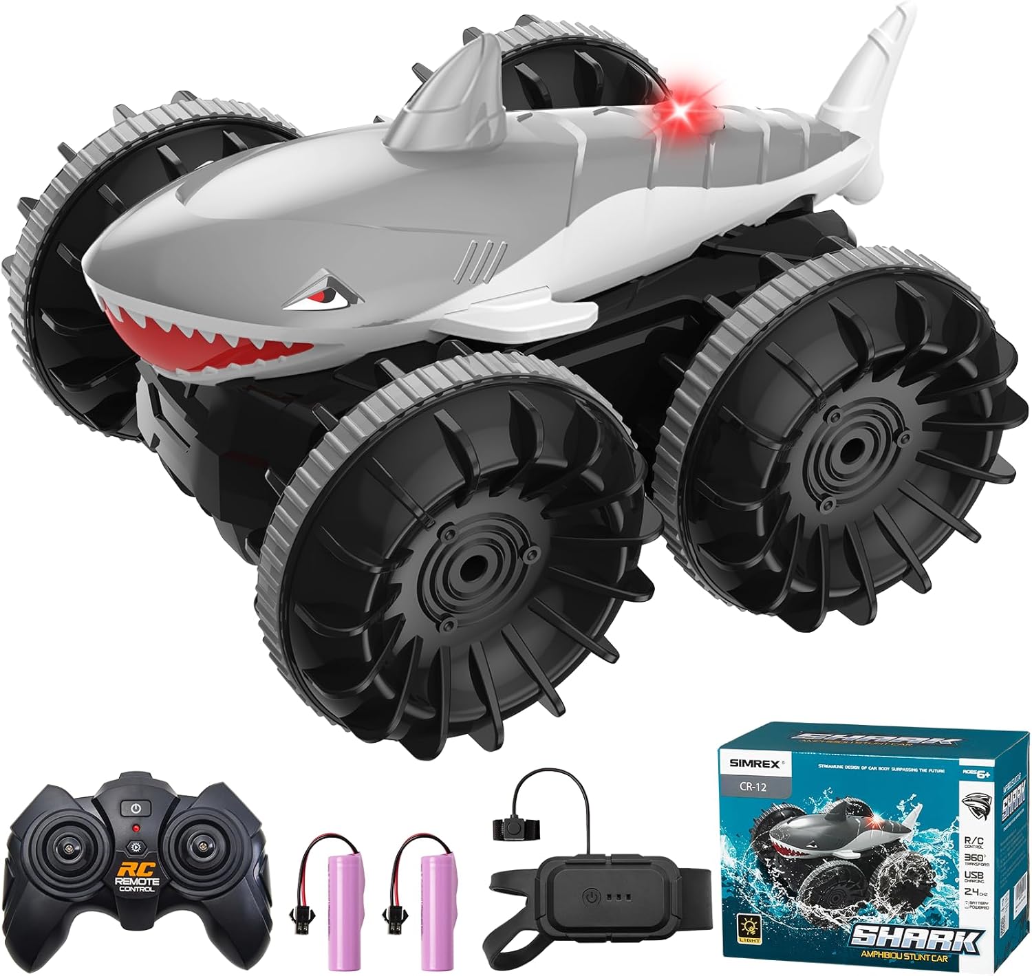 SIMREX Shark Amphibious Remote Control Cars, 4WD Waterproof RC Stunt Car with Gesture Sensing and LED Light, 50m Long Range, RC Car Toys Gifts for 6+ Kids
