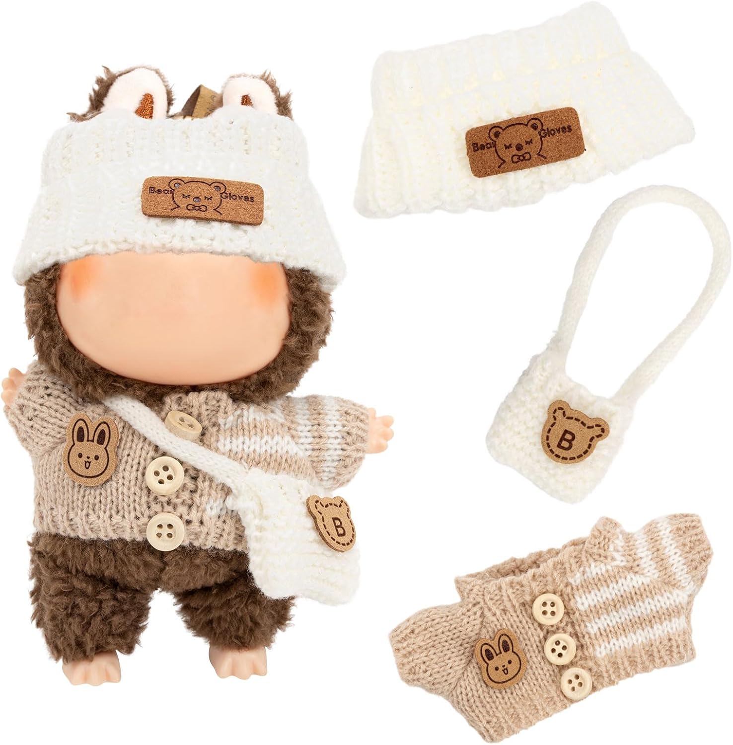 Doll Clothes Compatible with labubus doll, 3 Piece La Bubu Outfit for 17cm/6.7in Doll, Stylish Dress Up Clothing Set Cute Dolls Accessories, Not Include Doll (White)