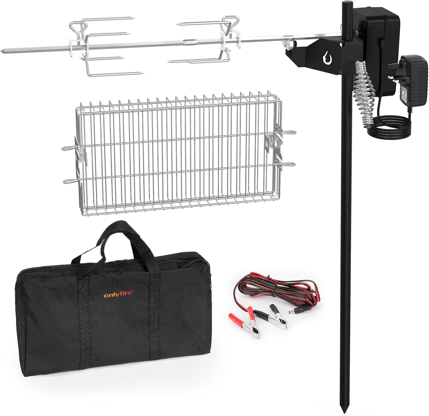 onlyfire BBQ Rotisserie Grill Kit Floor Stand Spit Roaster including Rotisserie Basket, Spit Forks, Battery Motor with Power Adapter, Car Charging Cable, Carrying Bag for Outdoor Camping Barbecue