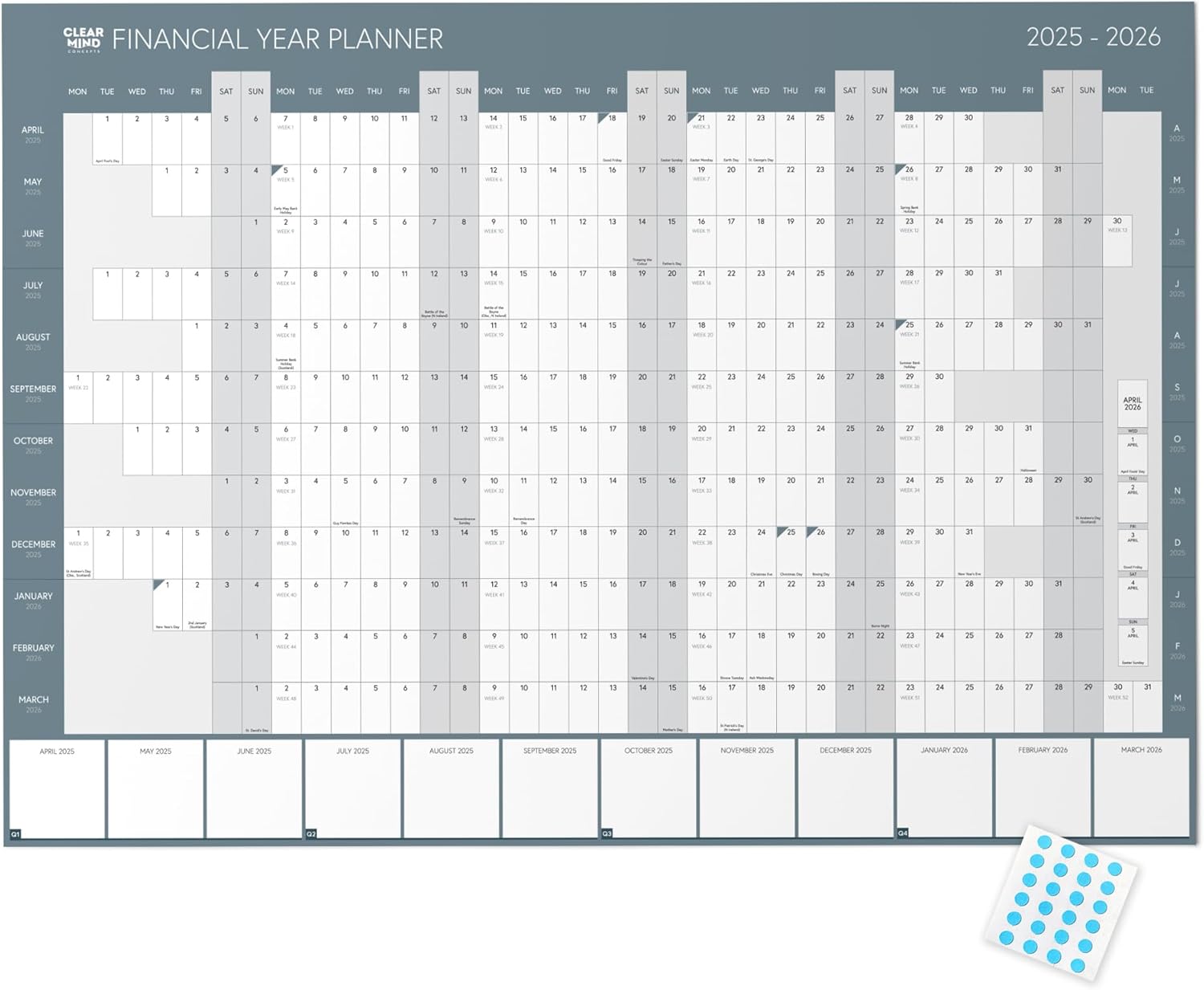 Financial Year 2025-2026 Wall Planner A2 by Clear Mind Concepts® – Folded Fiscal Calendar with Monthly Planning Space with 3 Printable Organisers