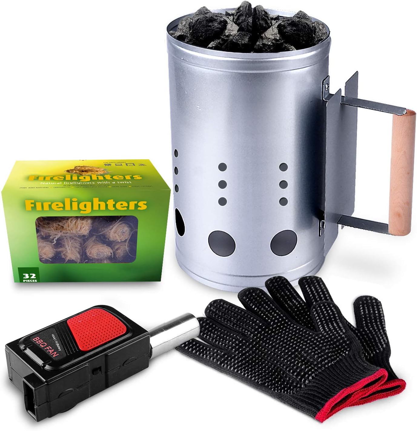 homenote Rapid Charcoal Chimney Starter Set Fireplace Accessories Lighter Cubes BBQ Heat Resistant Gloves Blower BBQ Tools（11.5" x 7" x 7"）