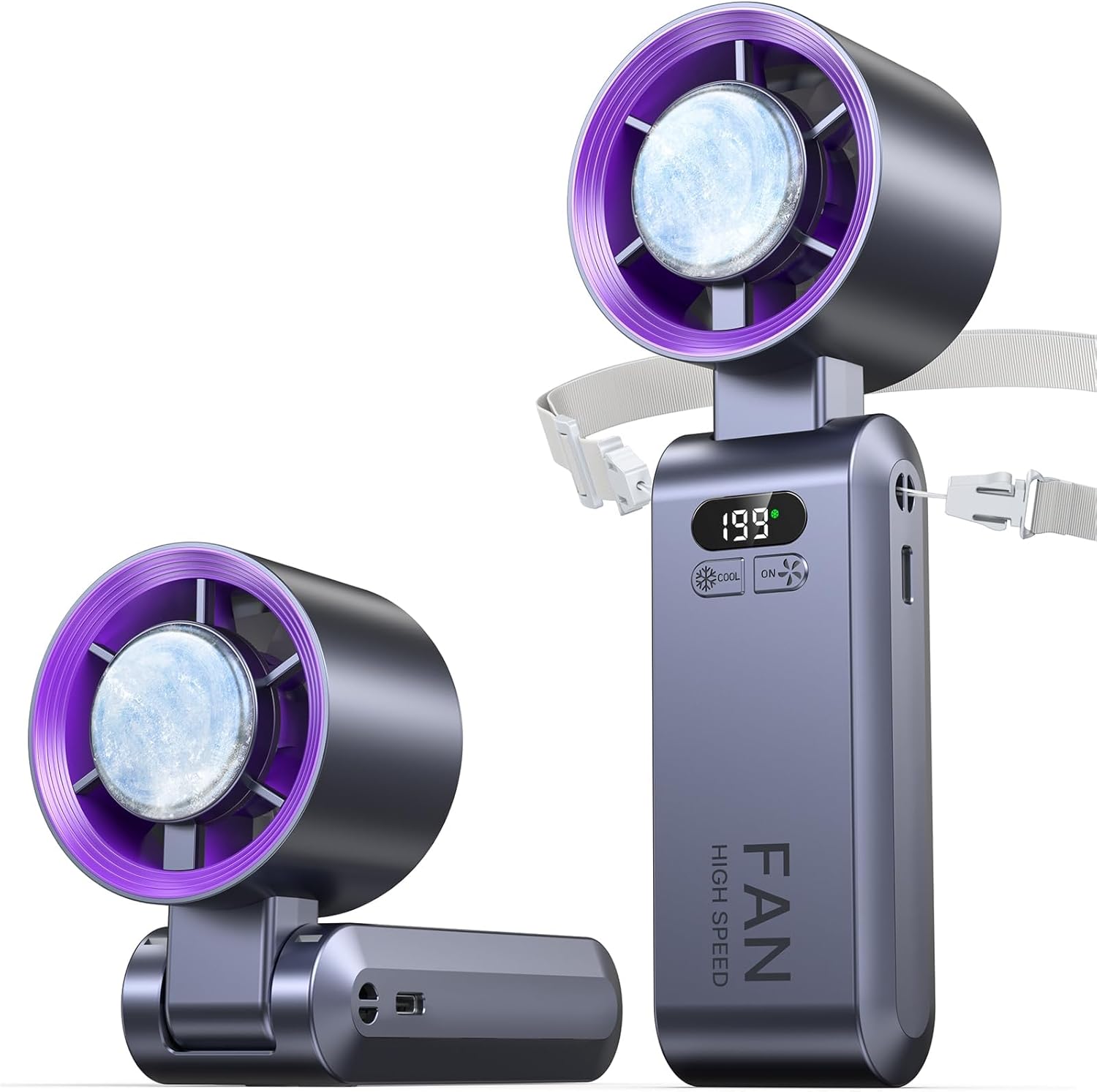 Handheld Portable Turbo Fan with Ice Cooler, Speed (1-199) 5500mAh Rechargeable Personal Fan,[20H Cooling Time] Mini Yet Powerful [20000 RPM] Small Pocket Fans for Travel/Outdoor/Home/Office, Purple