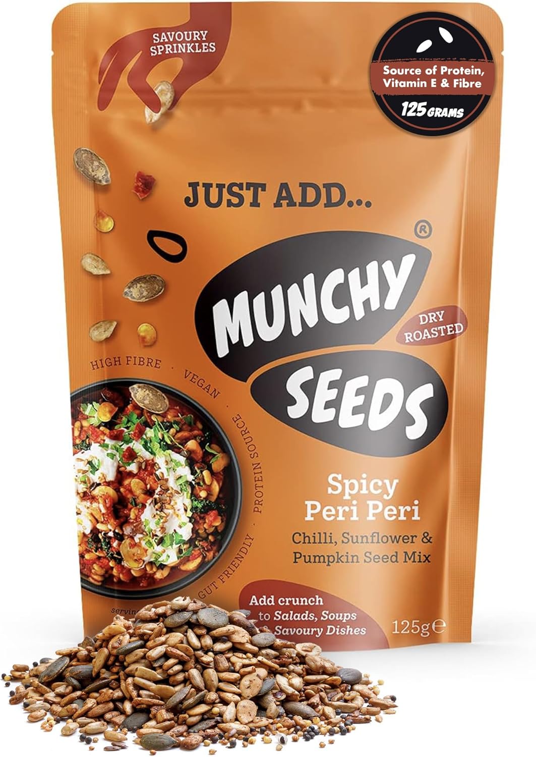 Munchy Seeds Just Add Savoury Sprinkles Snack - Spicy Peri Peri, 125g, Sunflower Seeds, Pumpkin Seeds and Watermelon Seed Mix with Grains, Spice, & Bird’s Eye Chilli, Vegan, Protein & Fibre