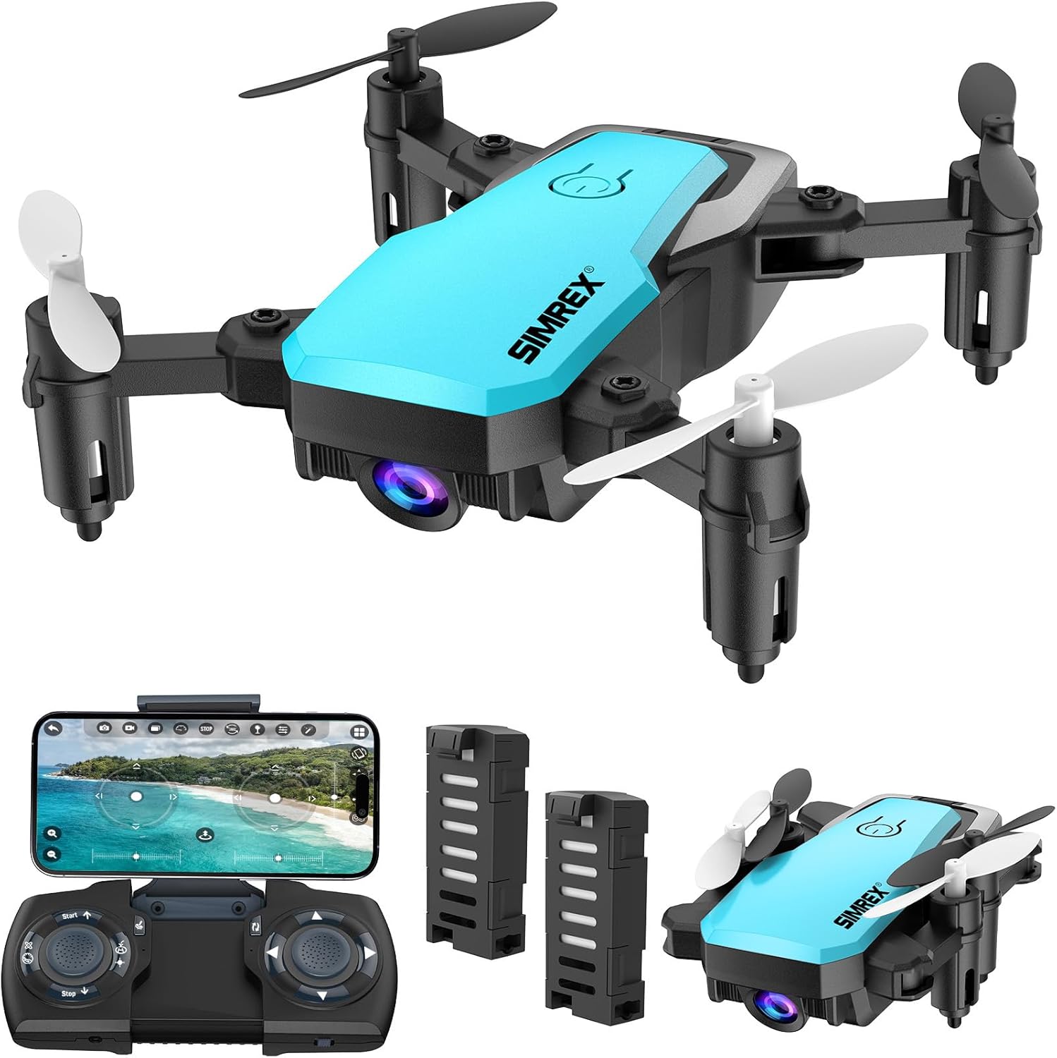 SIMREX X300C Mini Drone with Camera 720P HD, RC Quadcopter Foldable, Altitude Hold, 3D Flip, Headless Mode, Gravity Control and 2 Batteries, Blue