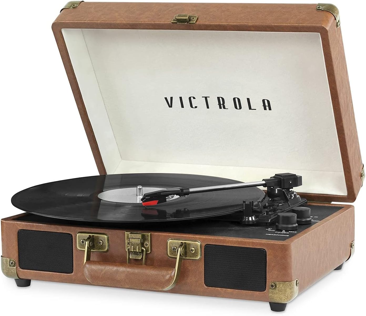 Victrola Journey Bluetooth Portable Suitcase Record Player – with Built-in Speakers, 3 Speed Vinyl Record Player, RCA Out, Headphone Jack (Brown)