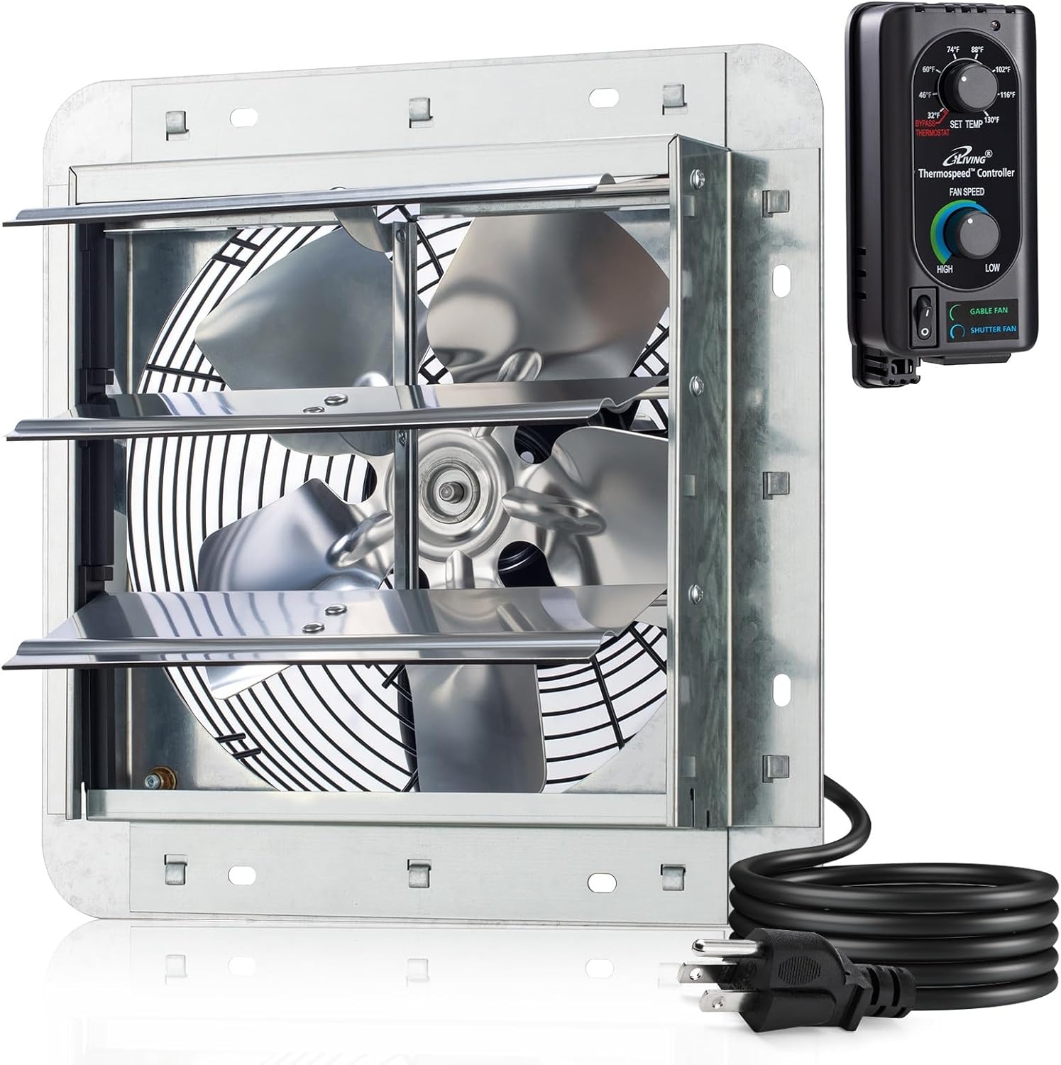 iLiving 10" Wall Mounted Shutter Exhaust Fan, Automatic Shutter, with Thermostat and Variable Speed controller, 65W, 820 CFM, 1200 SQF Coverage Area Silver (ILG8SF10V-ST)