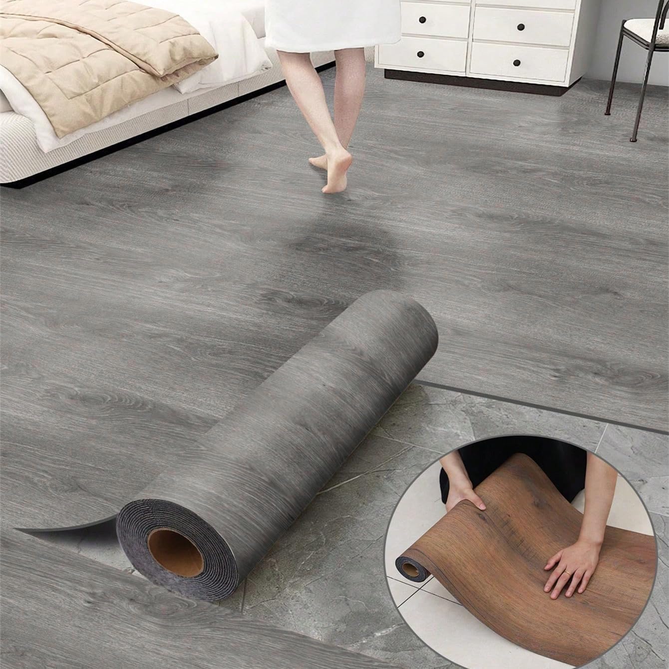 Luxury Thicken Wood Grain Peel and Stick Floor Tiles 17.72" x 118" Self-Adhesive Vinyl Flooring Roll-DIY Easy for Wall and Floor,Hard Surface/Waterproof/Anti Slip/Anti Dent(Grey 14.5 Sq.Ft.)