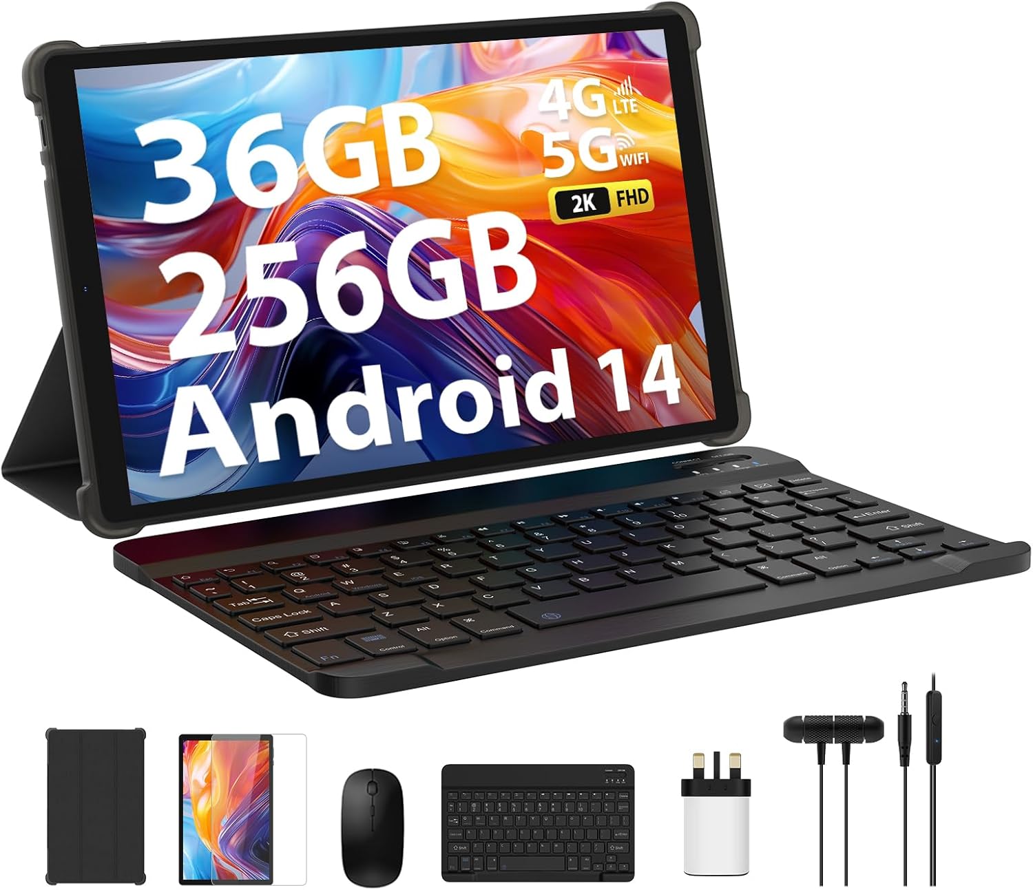 FLYCOAY Tablet 10.4 Inch Android 14, 36GB RAM+256GB ROM (2TB TF) Octa-Core,2000 * 1200 FHD INCELL,4G LTE+5G WiFi,8000mAh,13MP+8MP,Tablet with Keyboard,Mouse(Gray)