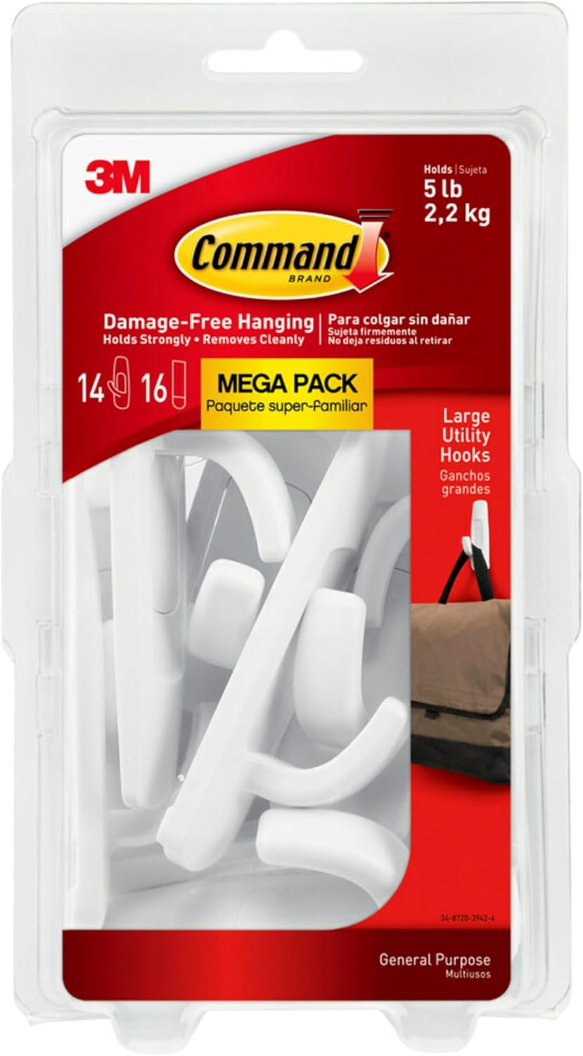 Command Large Utility Hook Mega Pack, White, 14-Hooks, 16-Strips, Organize Damage-Free