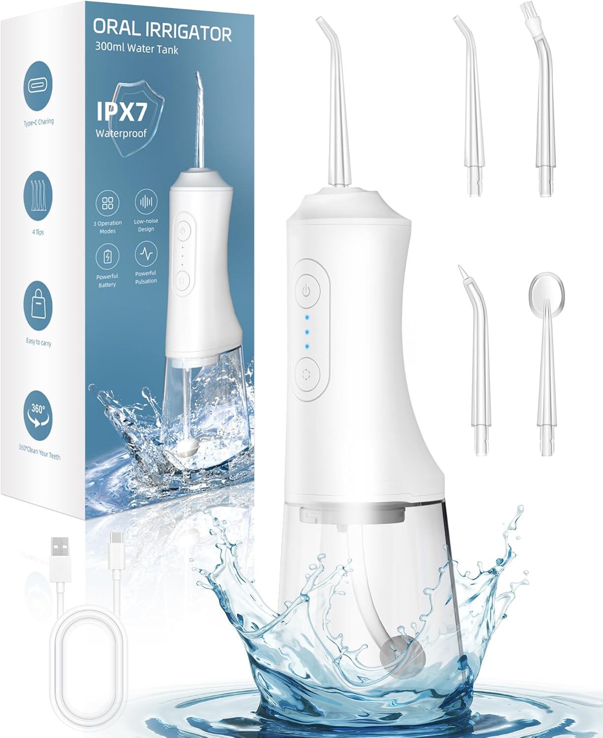 Water Flosser, Water Dental Flosser Pick for Teeth, 300ML IPX7 Waterproof Oral Irrigator, 3 Modes 4 Replaceable Jet Tips, Professional Flossing Cleaning Picks for Home Travel Gums, Braces Care (White)