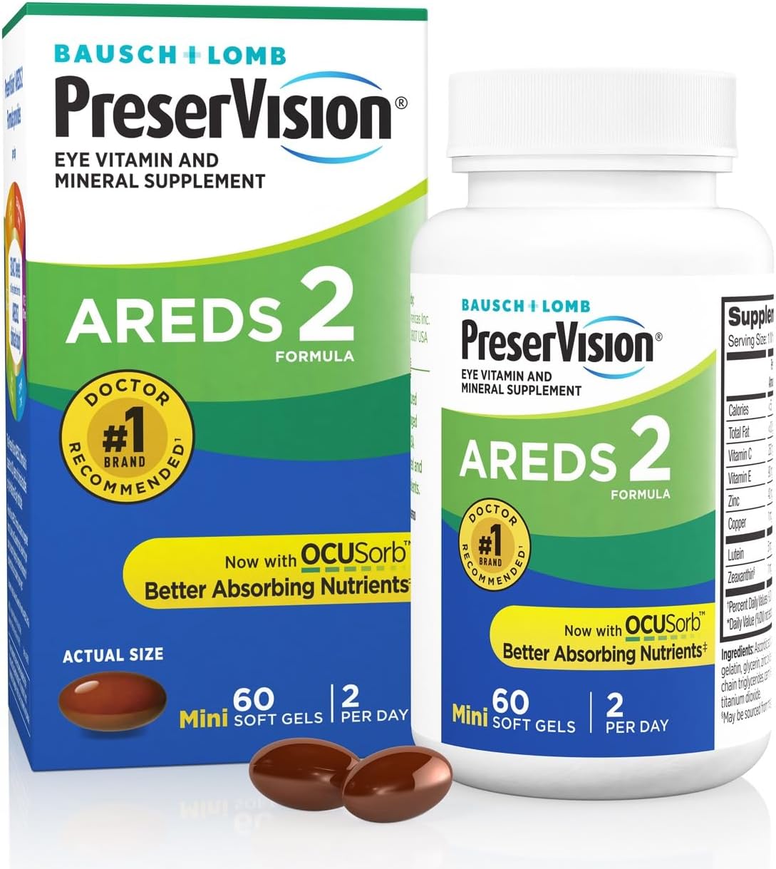PreserVision AREDS 2 Eye Vitamins, #1 Eye Doctor Recommended Brand, Lutein and Zeaxanthin Supplement with Vitamin C, Vitamin E, Zinc, and Copper, 60 Softgels (Minigels)
