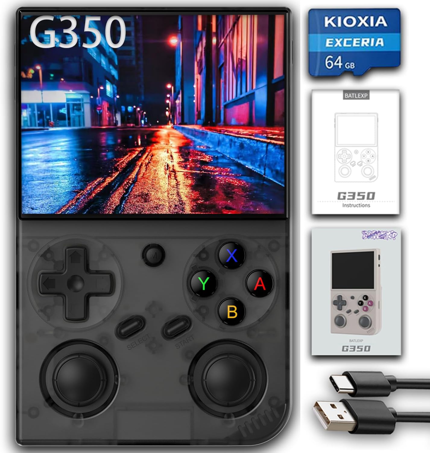 G350 Retro Game Console,Linux System RK3326 G350 Handheld Game Console Built-in 64G TF Card 4371 Games,3.5-inch IPS Screen, WiFi, Bluetooth 4.2, HDMI Output, 3200mAh Battery
