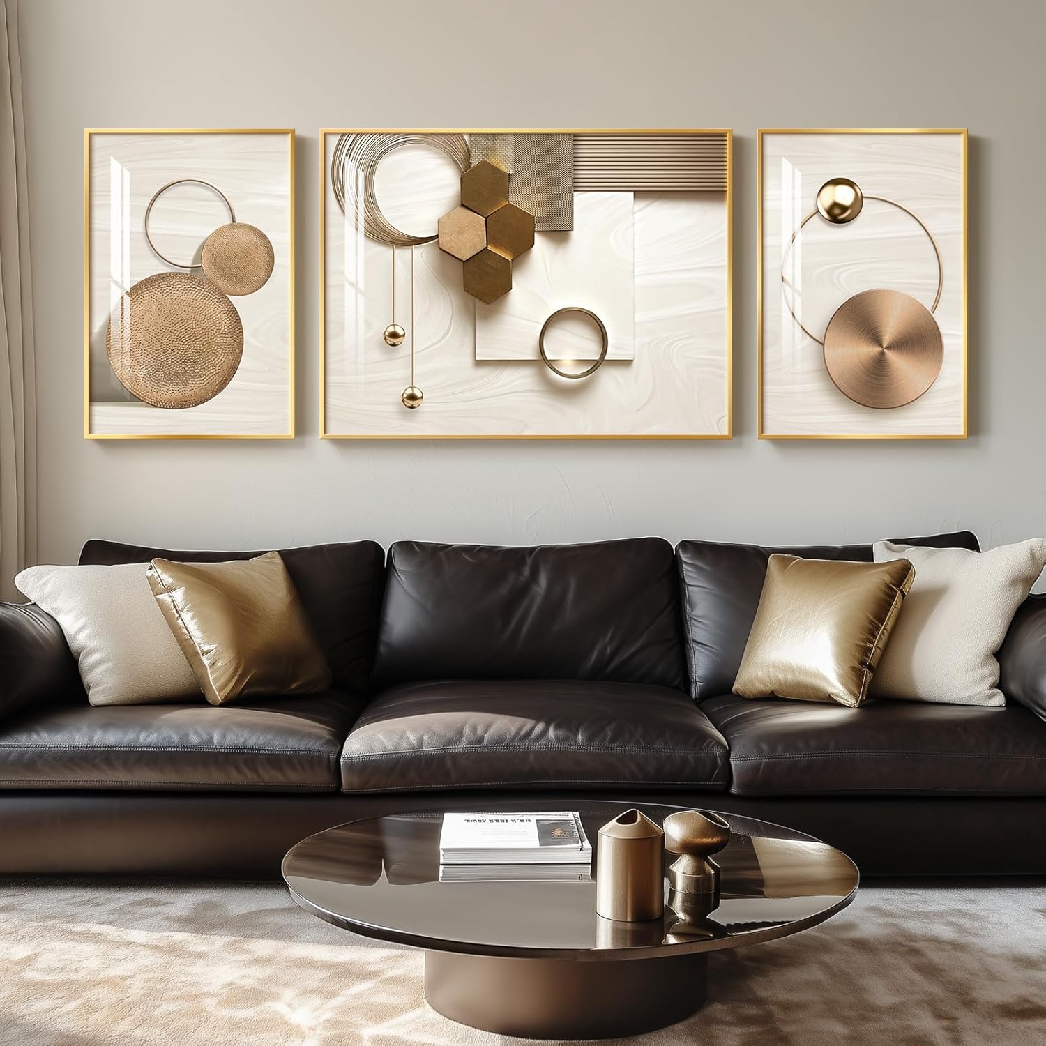 Extra Large Framed Modern Luxury Wall Art for Living Room, 3 Piece Bright Style Bronze Gold Abstract Geometric Prints Wall Paintings Artwork for Walls, Gold Framed Wall Pictures for Hallway Stair Office Wall Decor