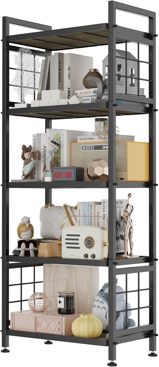 GIOTORENT 5-Tier Pantry Shelves with Wooden Boards, Heavy Duty Storage Shelves & Book Shelf, Adjustable Metal Shelving Unit for Kitchen Bathroom Laundry Organizer, Sturdy Rust-Resistant, Black