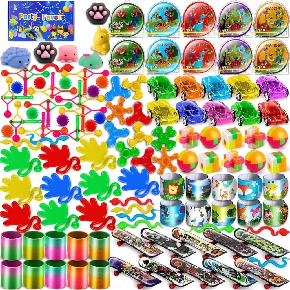 LATERN 120Pcs Party Bag Fillers for Kids, 12 Styles Colorful Party Favours with Spheres Springs Skateboards Sticky Hands Cubes Cars Balls Spinners - for Classroom Prizes Holiday Birthday Party Gift