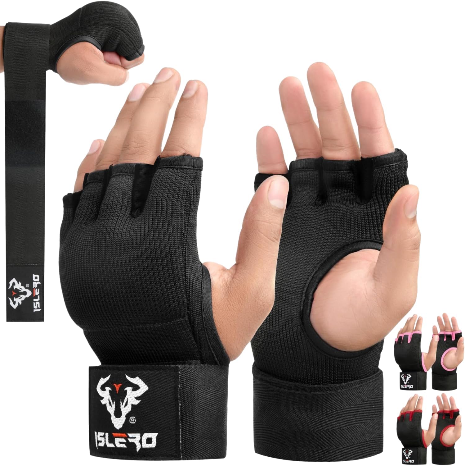 Islero boxing hand wraps 93cm Quick Long wrist straps Gel Inner gloves Elasticated Fist Protection Padded Muay Thai MMA Martial Arts Punching Speed Bag Training Bandages