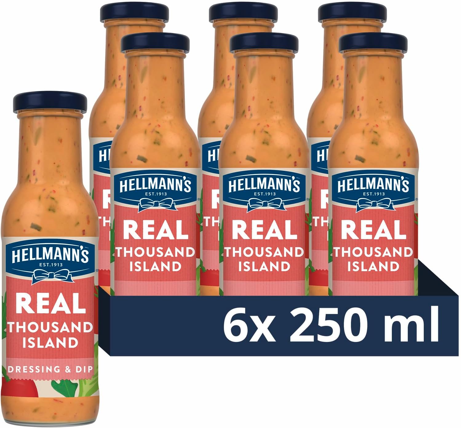 Hellmann's Real Thousand Island Salad Dressing & Dip vegetarian condiment free from artificial colours and flavours for salads, sandwiches, salmon and prawn cocktails 6x 250 ml