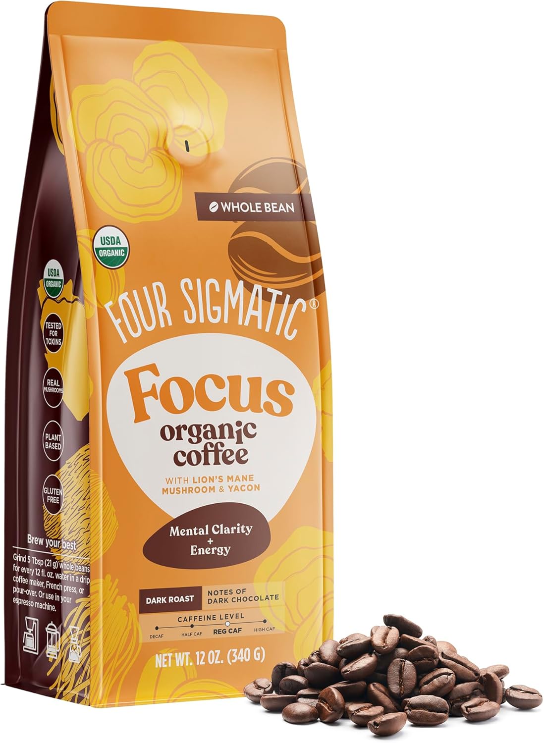 Dark Roast Whole Bean Coffee from Four Sigmatic | Fair Trade Gourmet Coffee Beans with Lion's Mane & Chaga Mushrooms | Nootropic Mushroom Coffee