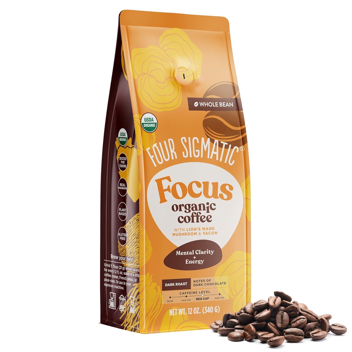 Four Sigmatic Dark Roast Organic Whole Bean Coffee | Gourmet Nootropic Mushroom Coffee Beans with Lion's Mane & Chaga Mushrooms for Enhanced Brain Function and Immune Support | 12oz