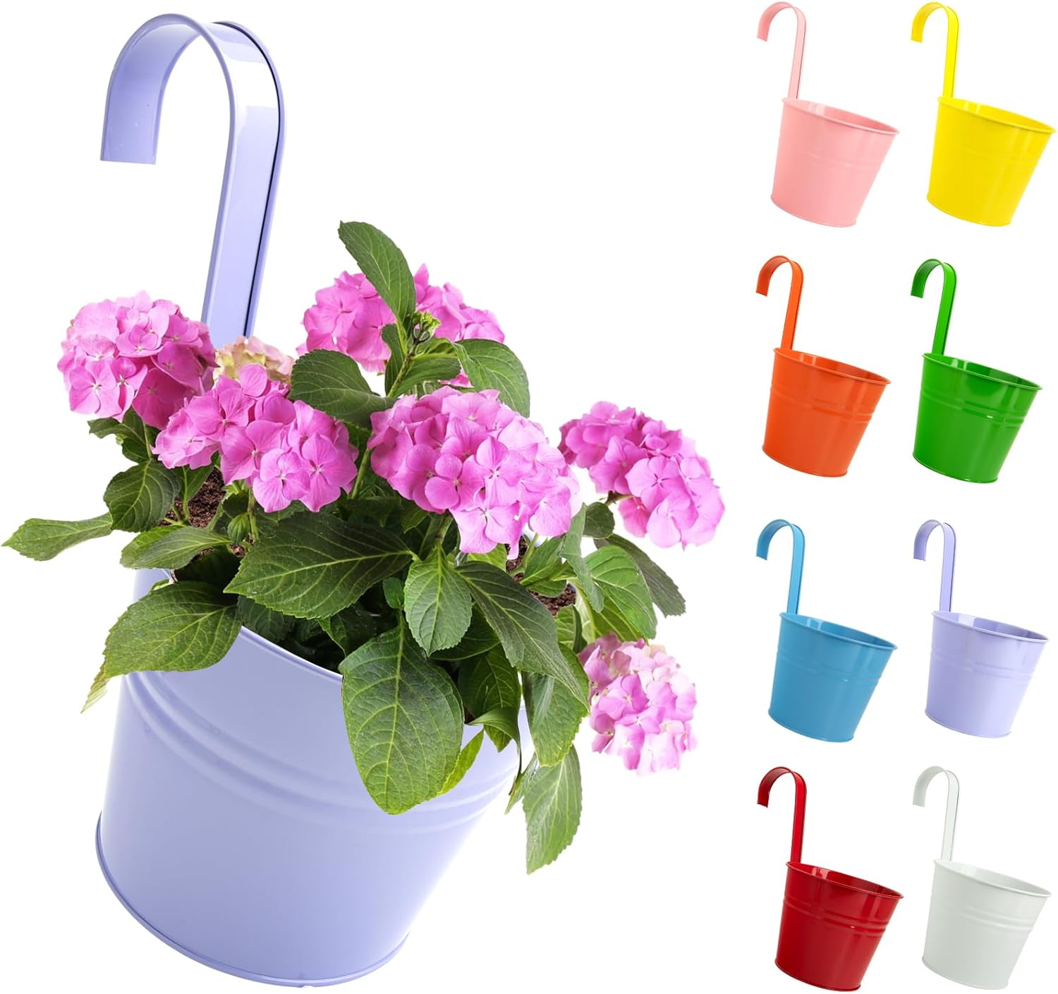 XXXFLOWER 16cm Hanging Metal Flower Pots,Hanging Garden Planter with Detachable Hooks and Drainage Hole,Balcony Home Garden Decor(8 Pcs with Mixed 8 Colours)