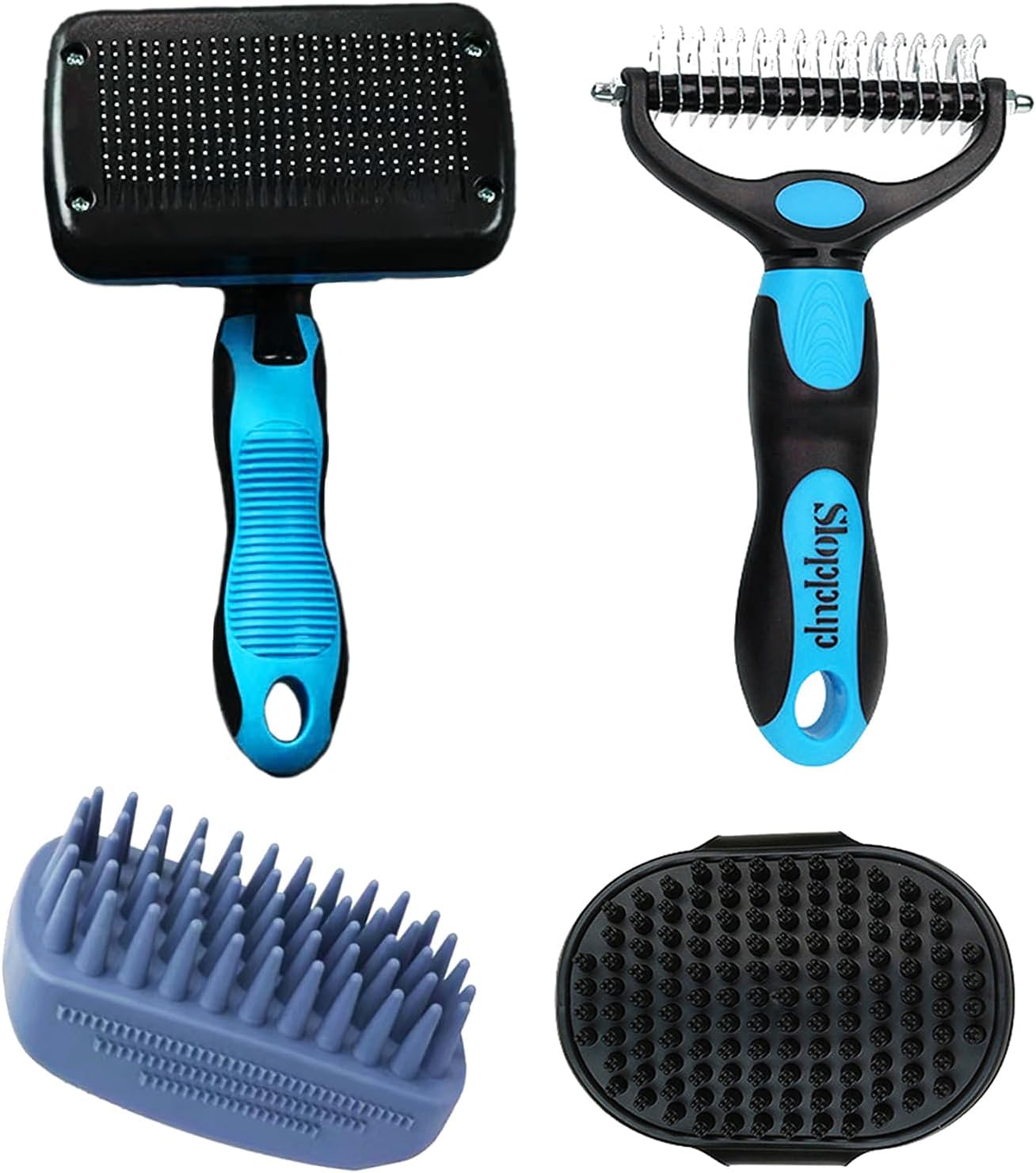 4 PCS Pet Hair Grooming Kit - Slicker Brush, Dematting Comb, Bath Brushes for Long & Short Hair Dogs and Cats (Blue Black)
